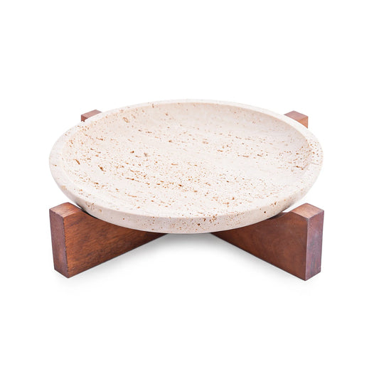 TRAVERTINE TRAY WITH WOOD BASE
