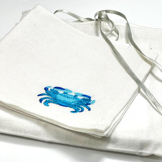 CRAB TURQUOISE-WHITE LINEN COCKTAIL NAPKIN 14*14