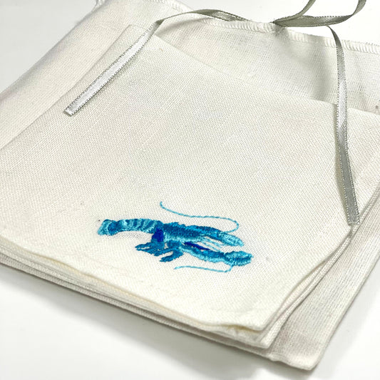 LOBSTER TURQUOISE-WHITE LINEN COCKTAIL NAPKIN