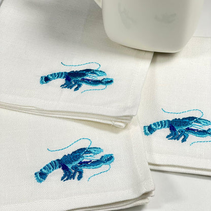 LOBSTER TURQUOISE-WHITE LINEN COCKTAIL NAPKIN