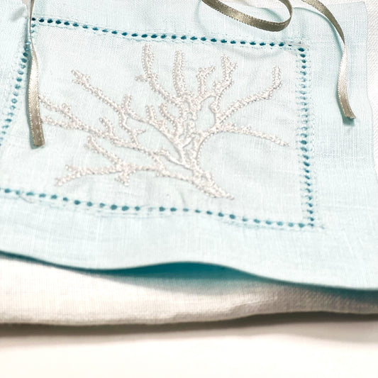 CORAL HEMSTICH  SILVER-LIGHT BLUE LINEN COCKTAIL NAPKIN 14*14