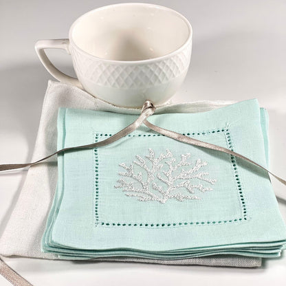 CORAL HEMSTICH  SILVER-LIGHT TURQUOISE LINEN COCKTAIL NAPKIN 14*14