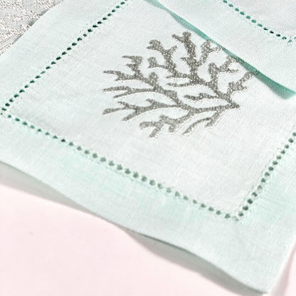 CORAL HEMSTICH  SILVER-LIGHT TURQUOISE LINEN COCKTAIL NAPKIN 14*14