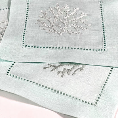 CORAL HEMSTICH  SILVER-LIGHT TURQUOISE LINEN COCKTAIL NAPKIN 14*14