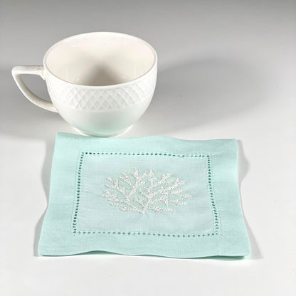 CORAL HEMSTICH  SILVER-LIGHT TURQUOISE LINEN COCKTAIL NAPKIN 14*14