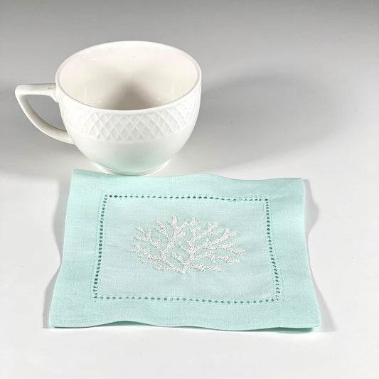 CORAL HEMSTICH  SILVER-LIGHT TURQUOISE LINEN COCKTAIL NAPKIN 14*14