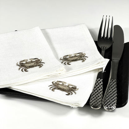 CRAB BEIGE-WHITE LINEN COCKTAIL NAPKIN