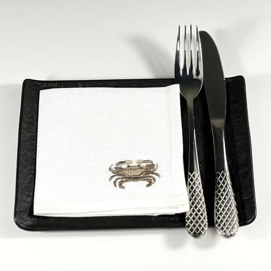 CRAB BEIGE-WHITE LINEN COCKTAIL NAPKIN