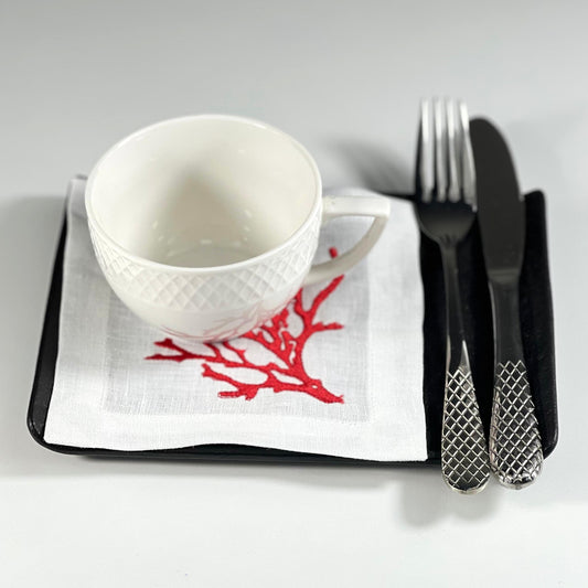 CORAL RED-WHITE LINEN COASTER