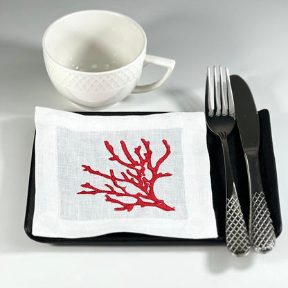 CORAL RED-WHITE LINEN COASTER