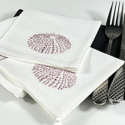 SEA URCHIN PINK -WHITE LINEN COCKTAIL NAPKIN