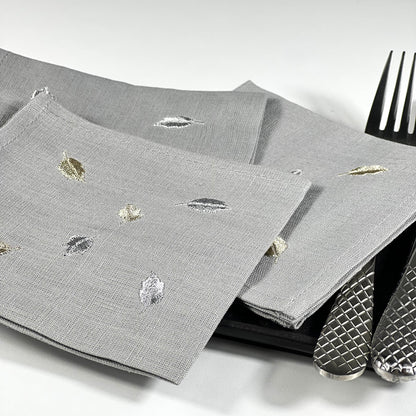MINI LEAVES-GREY LINEN COCKTAIL NAPKIN/SET