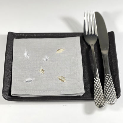 MINI LEAVES-GREY LINEN COCKTAIL NAPKIN/SET