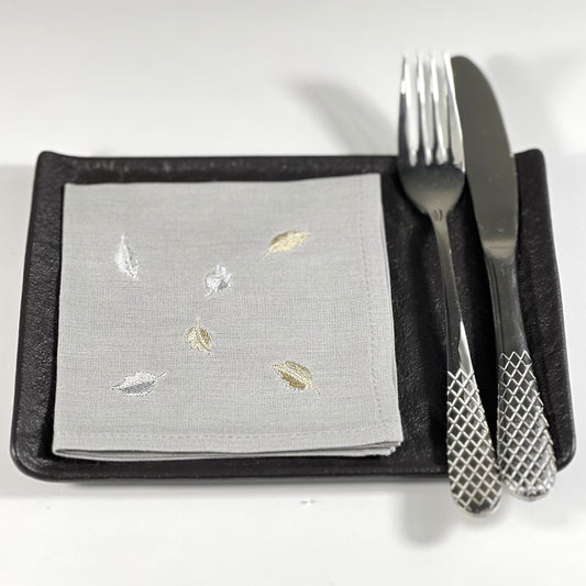 MINI LEAVES-GREY LINEN COCKTAIL NAPKIN/SET