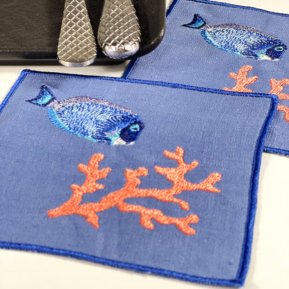 FISH WITH CORAL BLUE-ORANGE LINEN COASTER