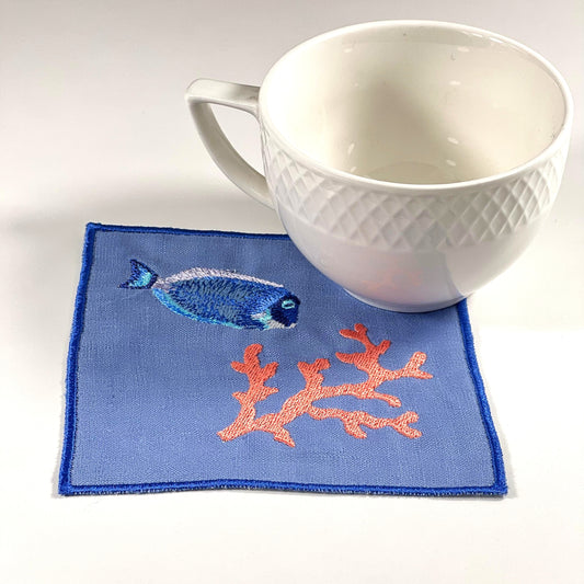 FISH WITH CORAL BLUE-ORANGE LINEN COASTER