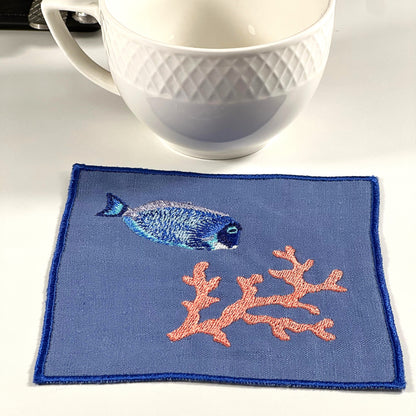 FISH WITH CORAL BLUE-ORANGE LINEN COASTER