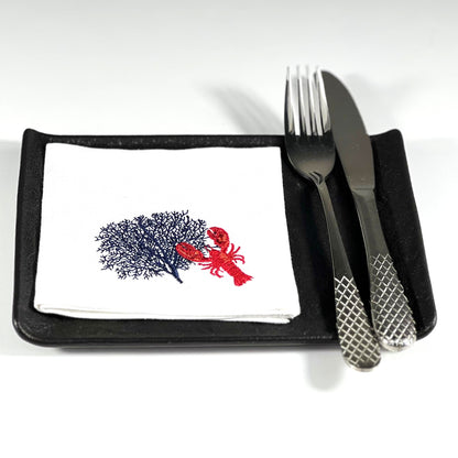 LOBSTER CORAL-WHITE LINEN COCKTAIL NAPKIN