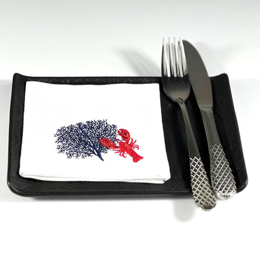 LOBSTER CORAL-WHITE LINEN COCKTAIL NAPKIN
