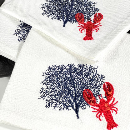 LOBSTER CORAL-WHITE LINEN COCKTAIL NAPKIN