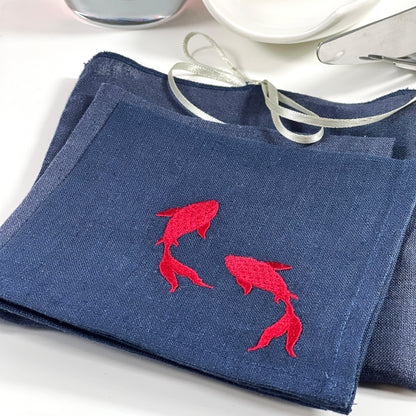 RED FISHES-NAVY LINEN COCKTAIL NAPKIN