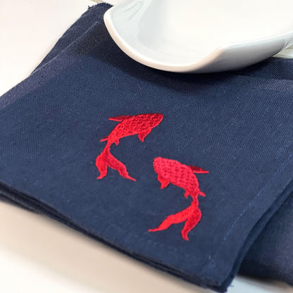 RED FISHES-NAVY LINEN COCKTAIL NAPKIN