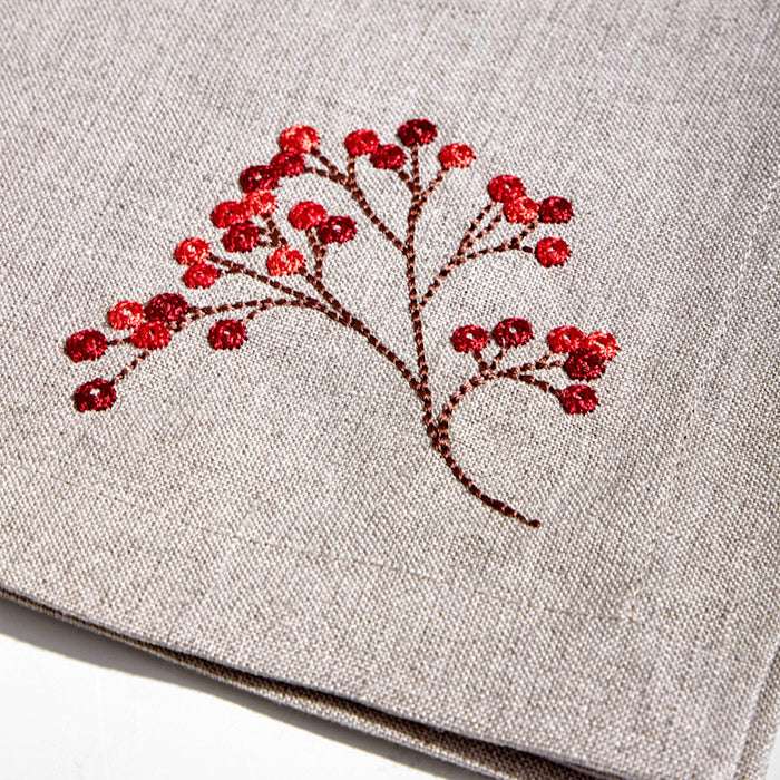 RED BERRIES NATURAL LINEN COCKTAIL NAPKINAdd a touch of natural elegance to your table with these stunning natural linen cocktail napkins. Featuring a beautifully embroidered bird perched on a branch with vTable Clothes