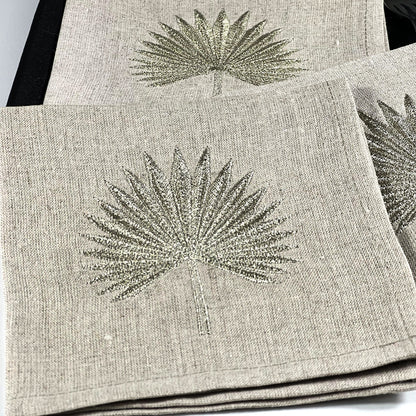GOLD POINTY PALM LEAF-NATURAL LINEN COCKTAIL NAPKIN
