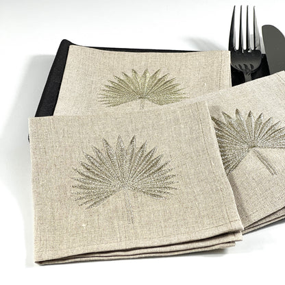GOLD POINTY PALM LEAF-NATURAL LINEN COCKTAIL NAPKIN