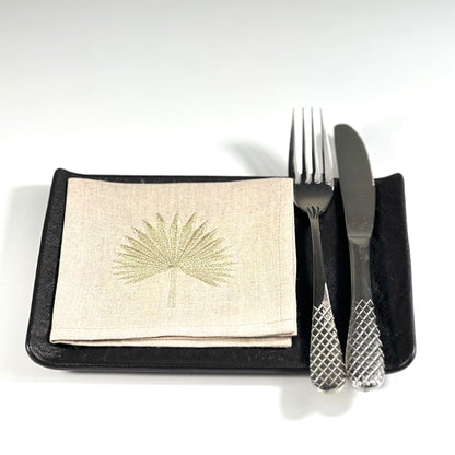 GOLD POINTY PALM LEAF-NATURAL LINEN COCKTAIL NAPKIN