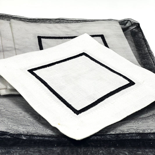 2 PICOTS BLACK-WHITE LINEN COASTER 12*12
