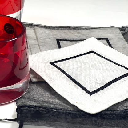 2 PICOTS BLACK-WHITE LINEN COASTER 12*12