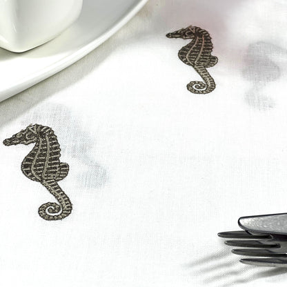SEA HORSE HEMSTICH BEIGE-WHITE LINEN RUNNER
