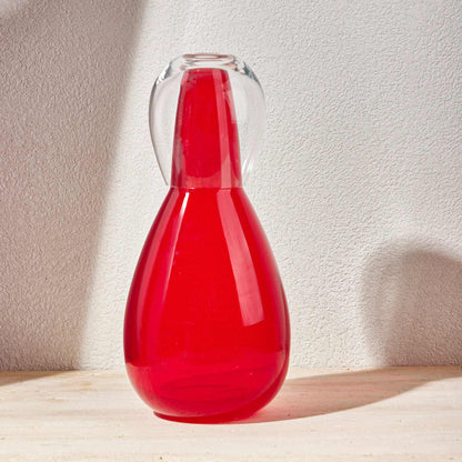 Red water night set with hand-blown glass carafe and matching tumbler lid.