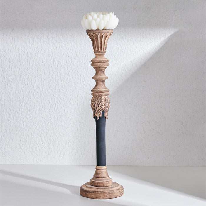 Black candle stick 40 cm with detailed wood base and floral holder for home decor.