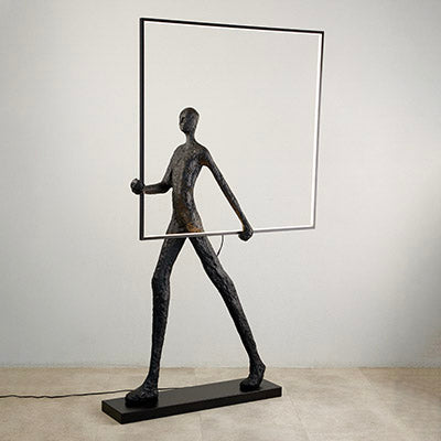 Walking Sculpture Lamp with Big Square Framed Lamp - Black