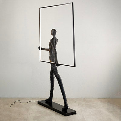 Walking Sculpture Lamp with Big Square Framed Lamp - Black