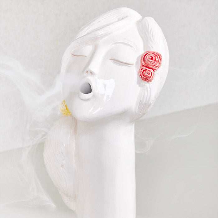 CERAMIC HANDMADE ROSE flower girl oud burner with artistic girl-face design and vibrant finish.