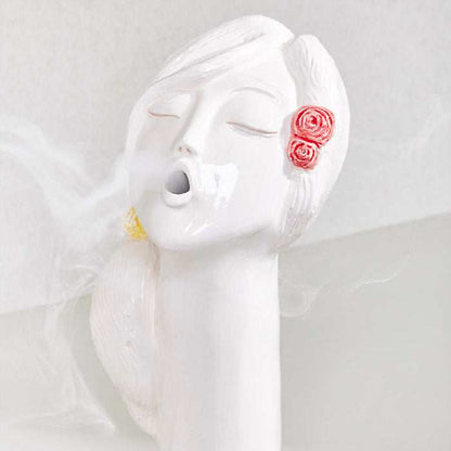 CERAMIC HANDMADE ROSE flower girl oud burner with artistic girl-face design and vibrant finish.