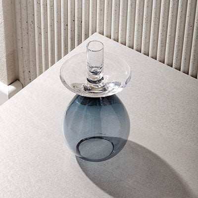 PRINCESS SAMDAN BLUE glass candle holder with elegant blue base and clear top, blending vintage and modern design.