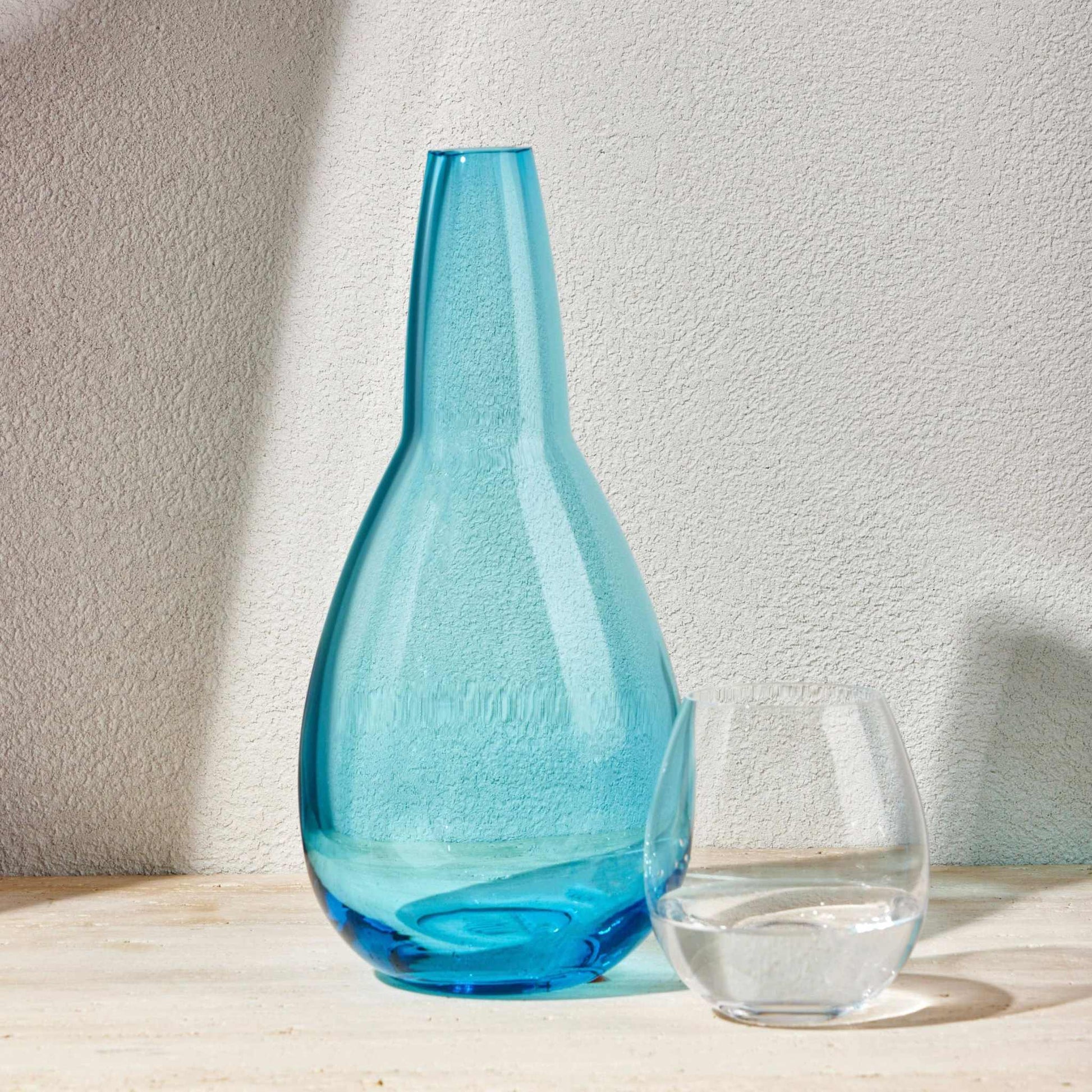 Turquoise Night Water Set with hand-blown glass carafe and tumbler lid.