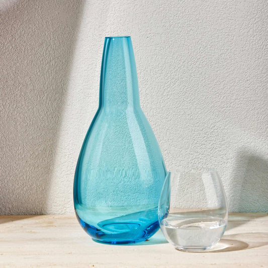Turquoise Night Water Set with hand-blown glass carafe and tumbler lid.