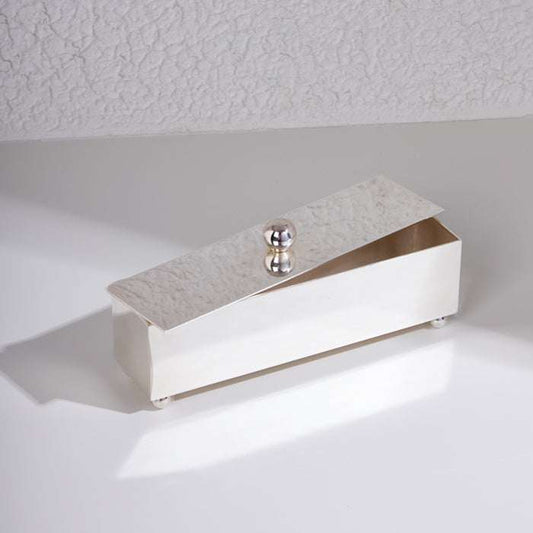 STORAGE SILVER box with a slanted lid and polished spherical handle, perfect for luxury home or office décor.