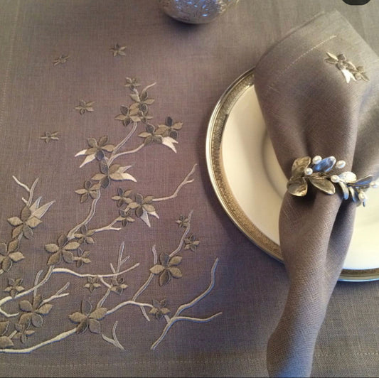 CHERRY BLOSSOM SILVER -DARK GRAY LINEN RUNNER