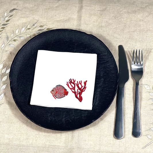 RED FISH WITH CORAL RED-WHITE COCKTAIL NAPKIN SET/6